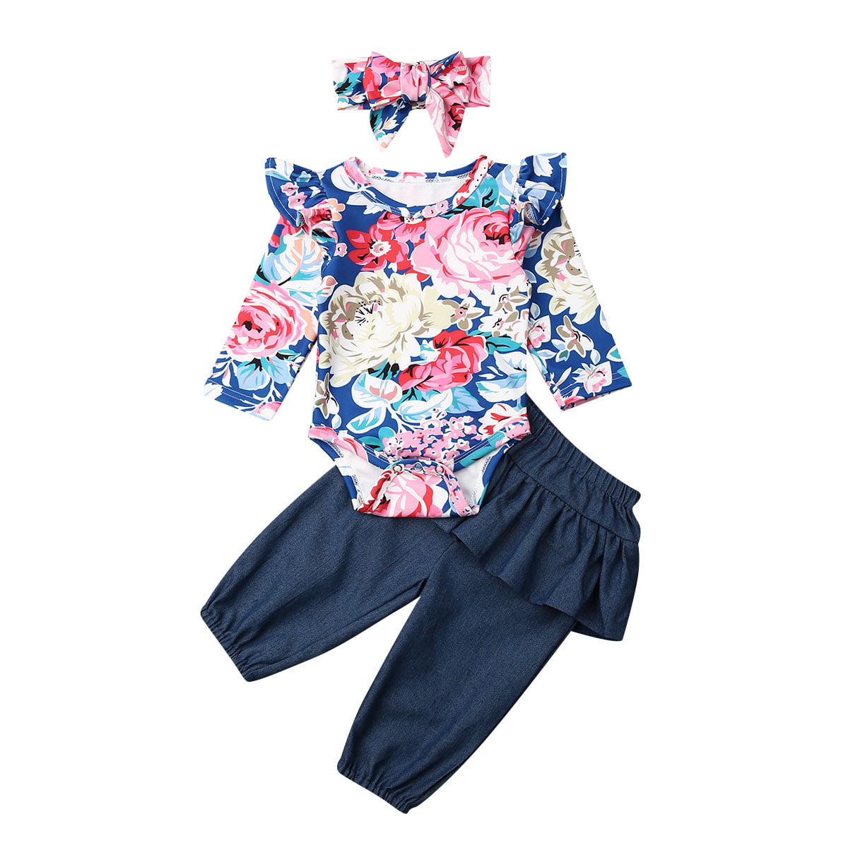 Baby's Romper Outfit Sets Jumpsuit Bodysuit  Floral Ruffle Pants Bow Headband 