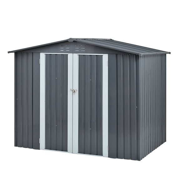 6x8ft Galvanized Steel Storage Shed, Double Door Outdoor Garden Shed for Tools, Lawn Equipment, Bikes & Yard Storage, Heavy-Duty Metal