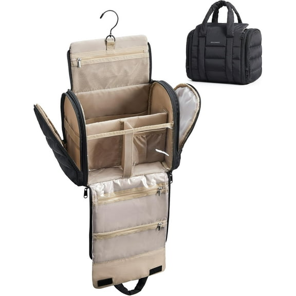 WarmHaven Travel Toiletry Bag with Removable Partition, Puffy Water-resistant Fabric Hanging Organizer for Full-Size Toiletries, Accessories, Black