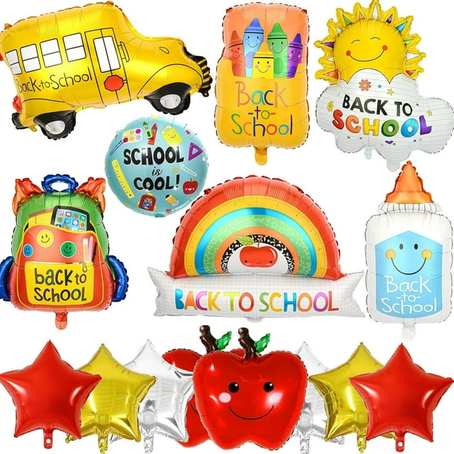15PCS Back to School Balloons, Colorful Pencil Crayon Schoolbag Star School Bus Foil Balloons, Welcome Back to School Decorations First Day of School Decorations for Kindergarten Classroom