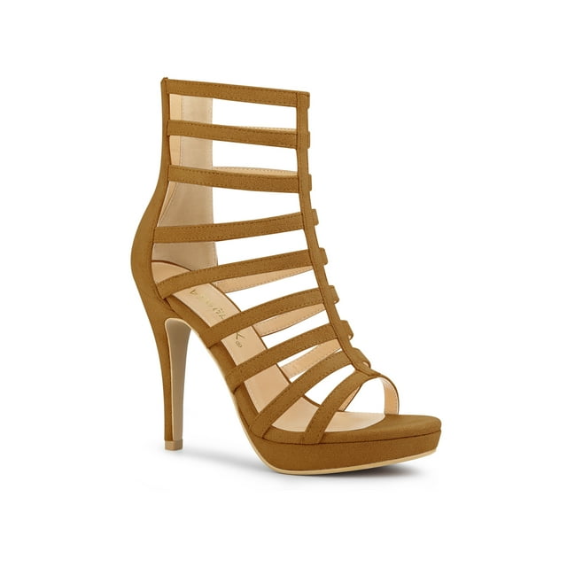 BLISSFUL STEP Women's Open Toe Platform Stiletto Heel Cage Heeled Sandals Brown 7
