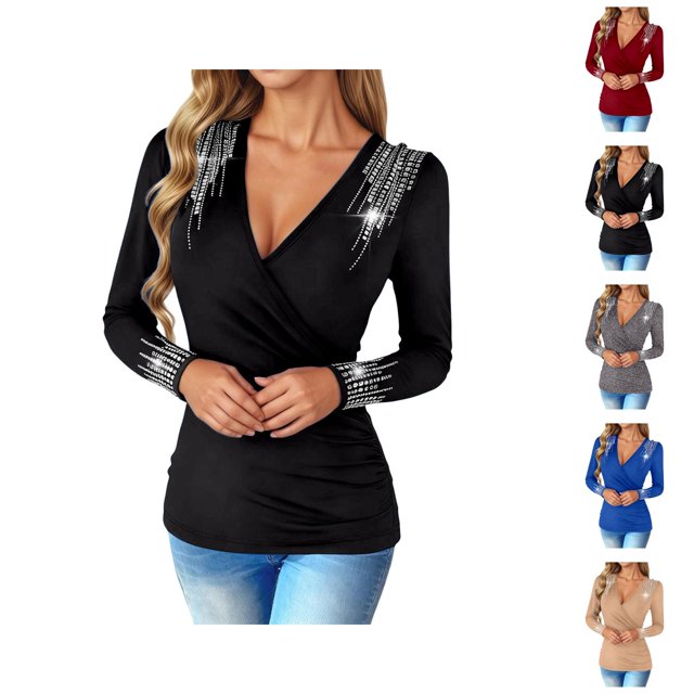 Womens Long Sleeve Tops 2026 Spring Trendy V Neck Rhinestone Shiny T Shirts Y2K Going out Tops Clubwear
