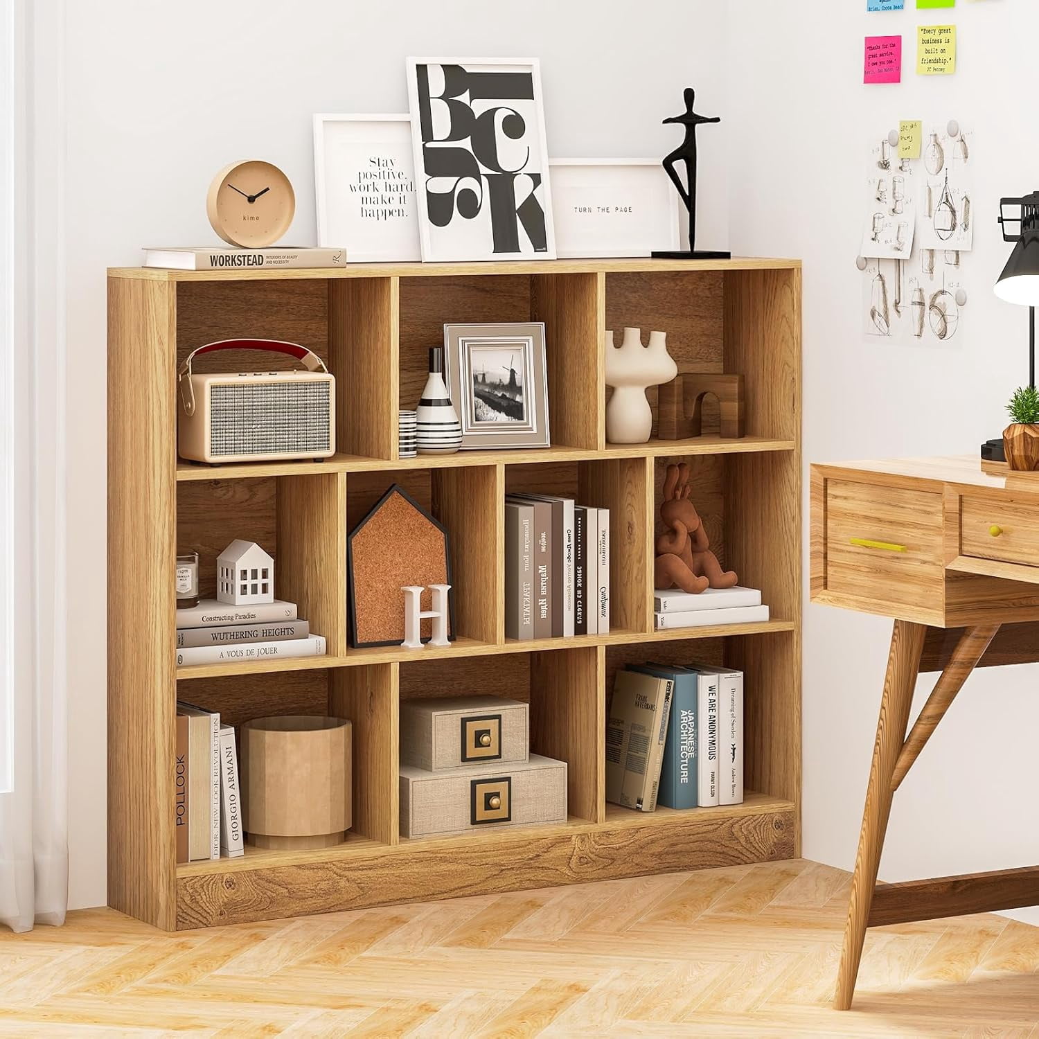 HJTER 10-Cube Bookshelf, 47.5”L Floor Bookcase with 2 Anti-Tipping Kits, Freestanding Storage Organizer, 4-Tier Display Shelf for Home, Office & Dorms (Natural, 10-Cube)
