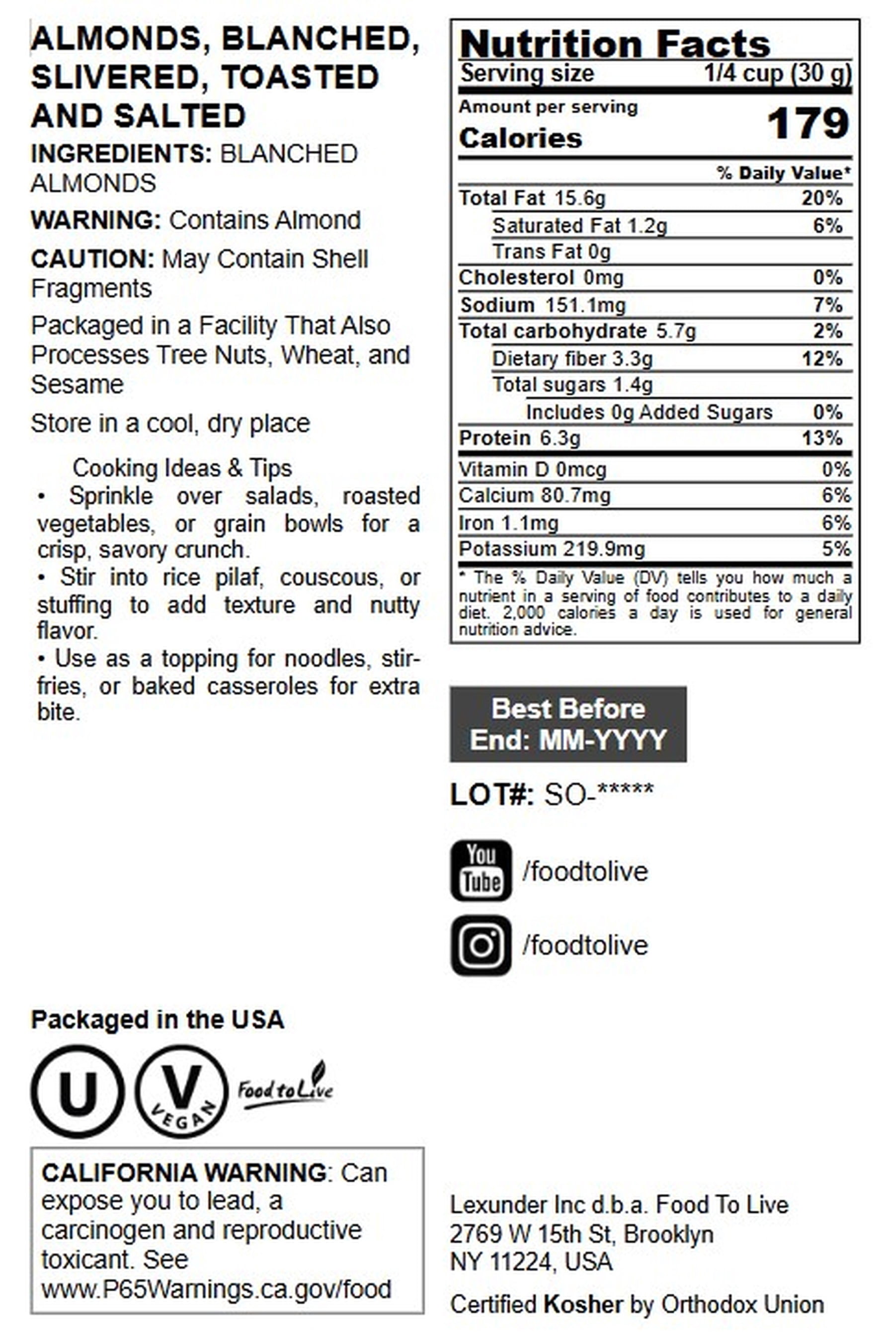 Dry Roasted Blanched Slivered Almonds with Himalayan Salt, 2 Pounds – Oven Toasted, Lightly Salted, No Oil Added, Perfect for Cooking, Baking and Snacking, Vegan, Kosher, Bulk - by Food to Live