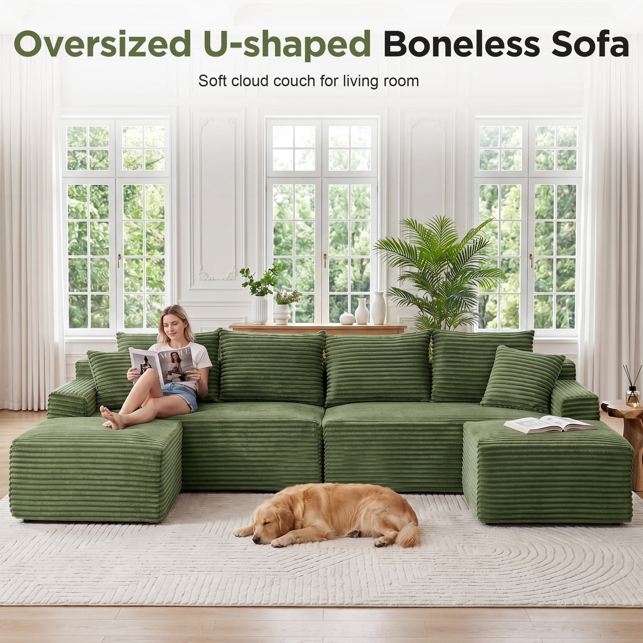 Aenkyo 115" Corduroy U-Shaped Modular Sectional Sofa with 2 Ottomans, 4-Seater, Green