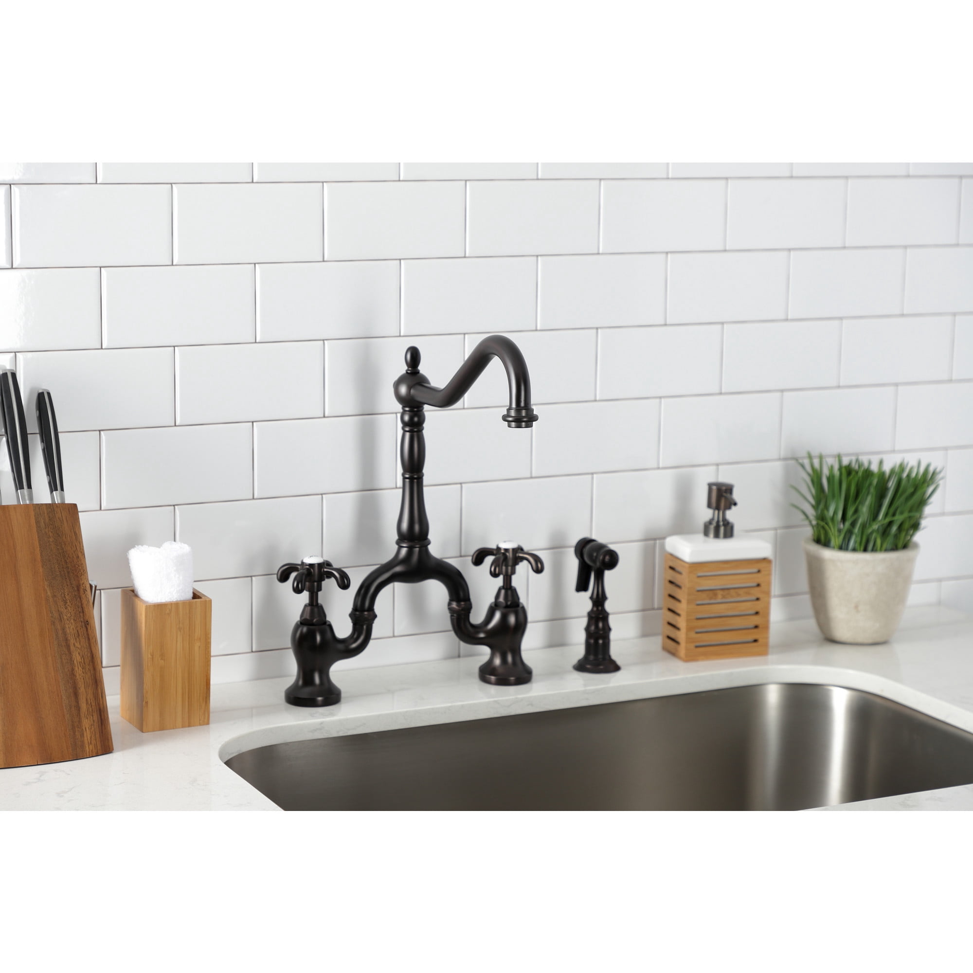 Kingston Brass KS7755TXBS French Country Two-Handle 3-Hole Deck Mount Bridge Kitchen Faucet with Brass Side Sprayer in Oil Rubbed Bronze