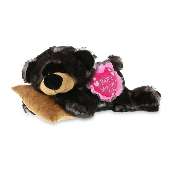 DolliBu Happy Mother's Day Super Soft Plush Sleeping Black Bear with Pillow - Cute Stuffed Animal with Pink Heart Message for Best Mommy, Grandma, Wife, Daughter - Wild Life Plush Gift - 10.5" Inch