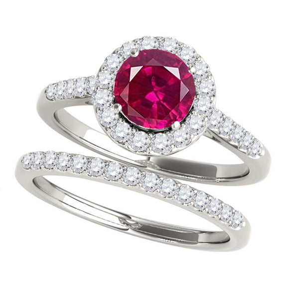 Mauli Jewels Engagement Rings for Women 1.40 Carat Halo Created Ruby And Diamond Bridal Set Prong-Setting 14k White Gold