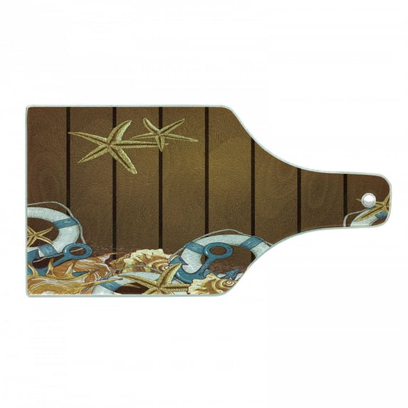 Seashells Cutting Board, Seashells Anchors Starfish on Wooden Backdrop Nautical Elements Sea Theme, Tempered Glass Cutting and Serving Board, Wine Bottle Shape, Brown Blue White, by Ambesonne