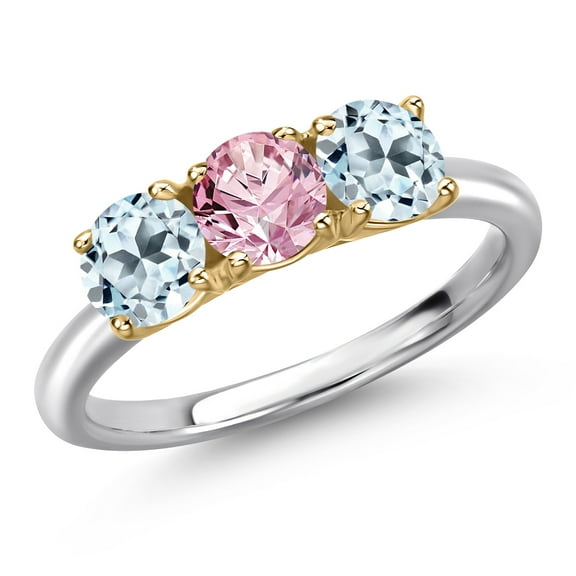 Gem Stone King 10K Two Tone Gold Pink Lab Grown Diamond and Sky Blue Topaz Engagement Ring for Women | 1.90 Cttw | Round 5MM | Gemstone April Birthstone | Size 7