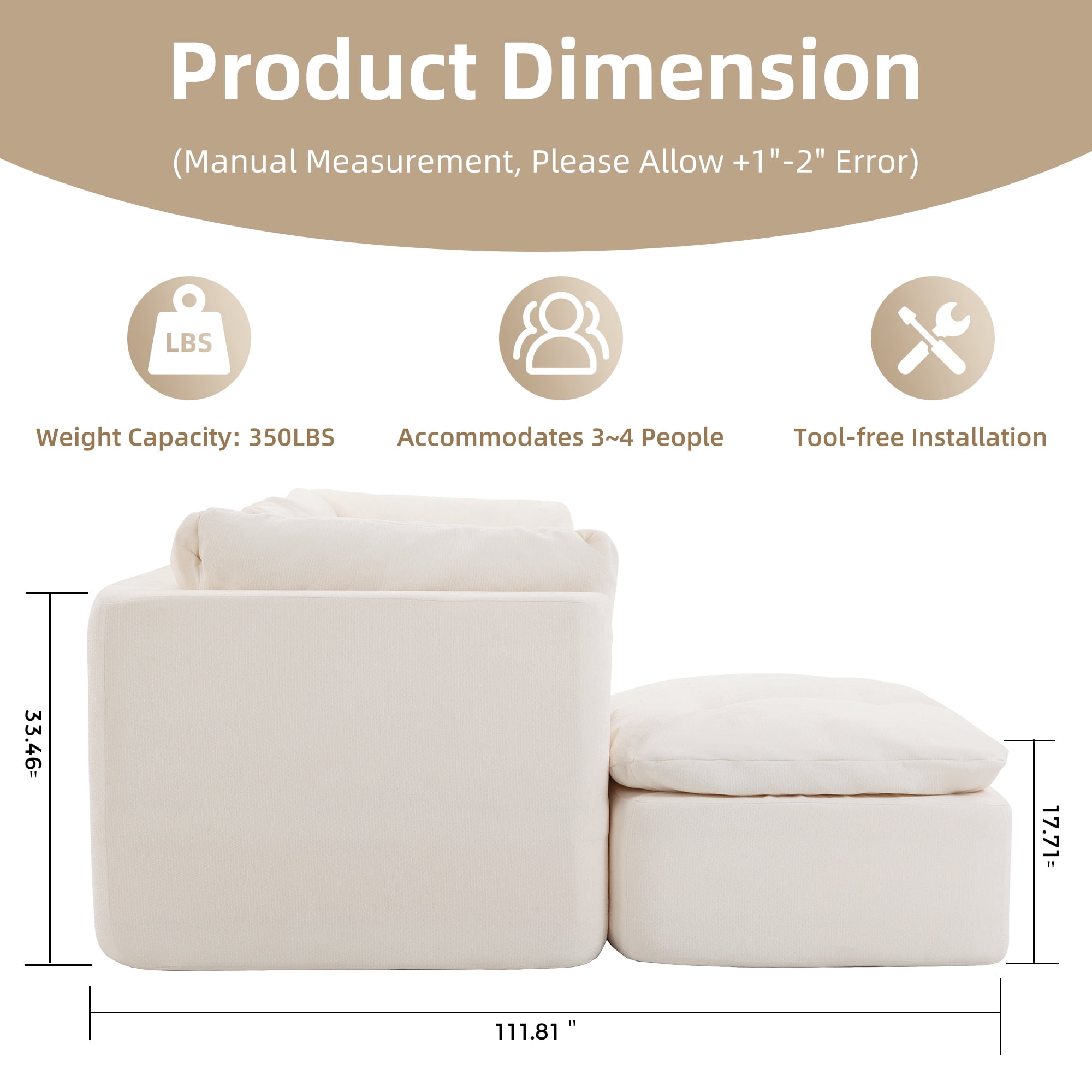 AISWORD Modular Sectional Sofa, Deep Seat Cloud Couch with Ottoman, 4-Seater Convertible L-Shaped Chenille Fabric Couch, Oversized Comfortable Frame-Free Set for Living Room, No Assembly, White