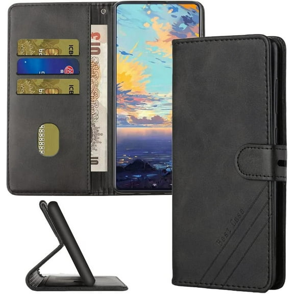 Compatible with Samsung Galaxy A21 Wallet Case, Galaxy A21 Leather Flip Folio Case with Card Holders Kickstand Magnetic Feature Shockproof Case for Samsung Galaxy A21 Matte Black