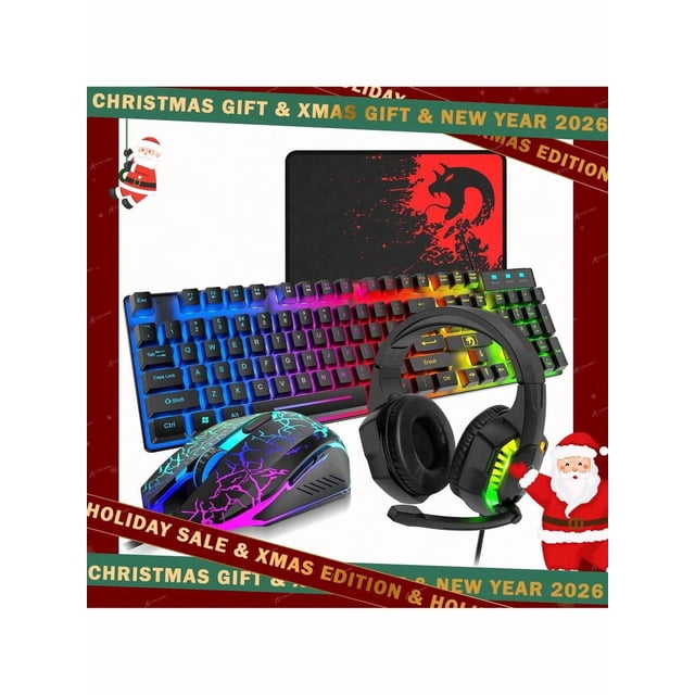 Ensemble de Clavier et Souris de Jeu Filaire, Clavier Filaire Rétroéclairé à DEL Arc-en-Ciel, Écouteurs avec Microphone, Souris de Jeu Rétroéclairée Arc-en-Ciel, Tapis de Souris, Compatible avec PC et Portable, Noir