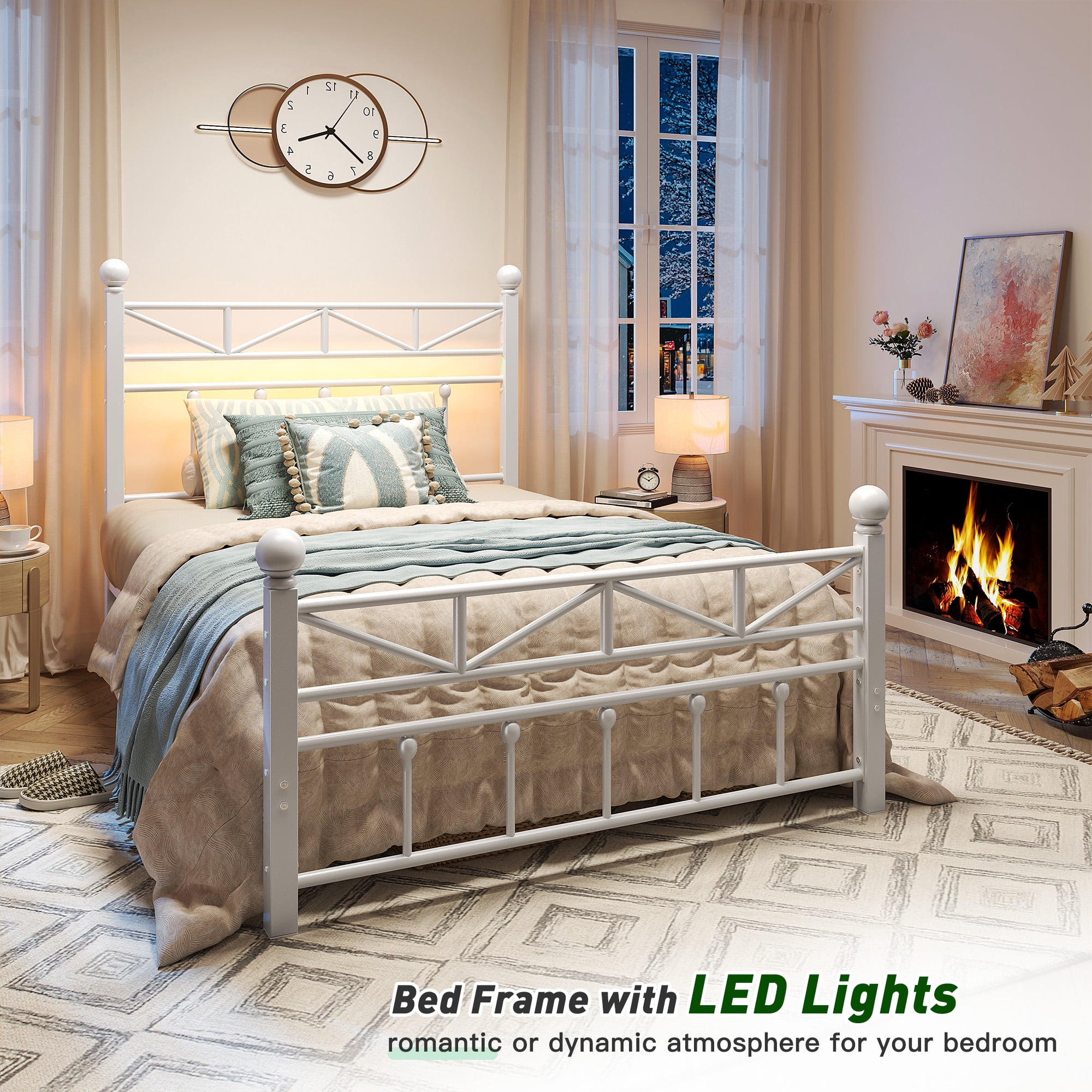 EnHomee Twin Size Metal Platform Bed Frame Metal Bed Frame Twin with Headboard & Footboard Bed Frame with LED Lights & Storage, Noise Free, White