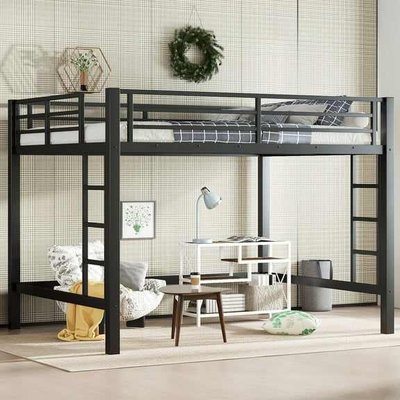 Bellemave Metal Queen Loft Bed, Heavy Duty Loft Bed Frame with 2 Build in Ladder and Full Length Guardrail, Loft Beds Queen Size with Large Under-Bed Space, Easy to Assemble-Black