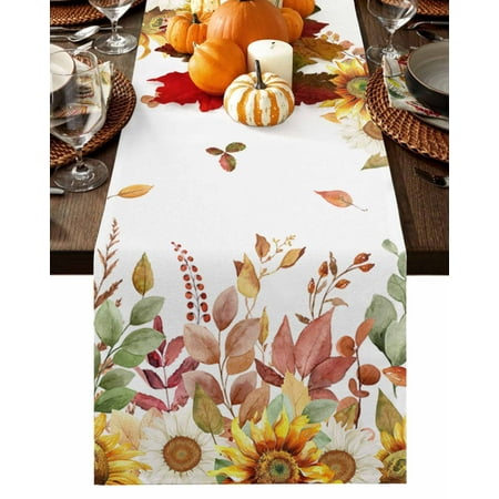 

Table Runner 70 Inches Long Fall Sunflowers Thanksgiving Fallen Leaves White Cotton Linen Table Runners Non-Slip Durable Dresser Scarves for Table Party Dinner Holiday Home Decor 1 Pack