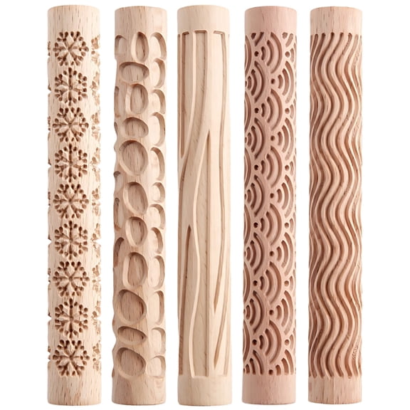 5 Pcs Textured Rolling Pins for Clay, Beechwood Pattern Rollers Set with Wave, Snowflake, Bark Design, for Polymer Clay, Cookie Dough, Resin, Sculpture, DIY Crafts