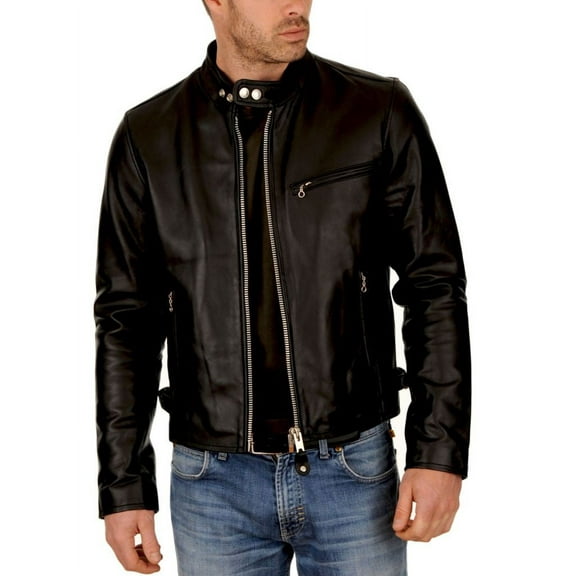 Noora Men's Real Sheepskin Leather Jacket Black, Mens Black Biker Leather Jacket with Chinese Collar, Personalised Gift for him