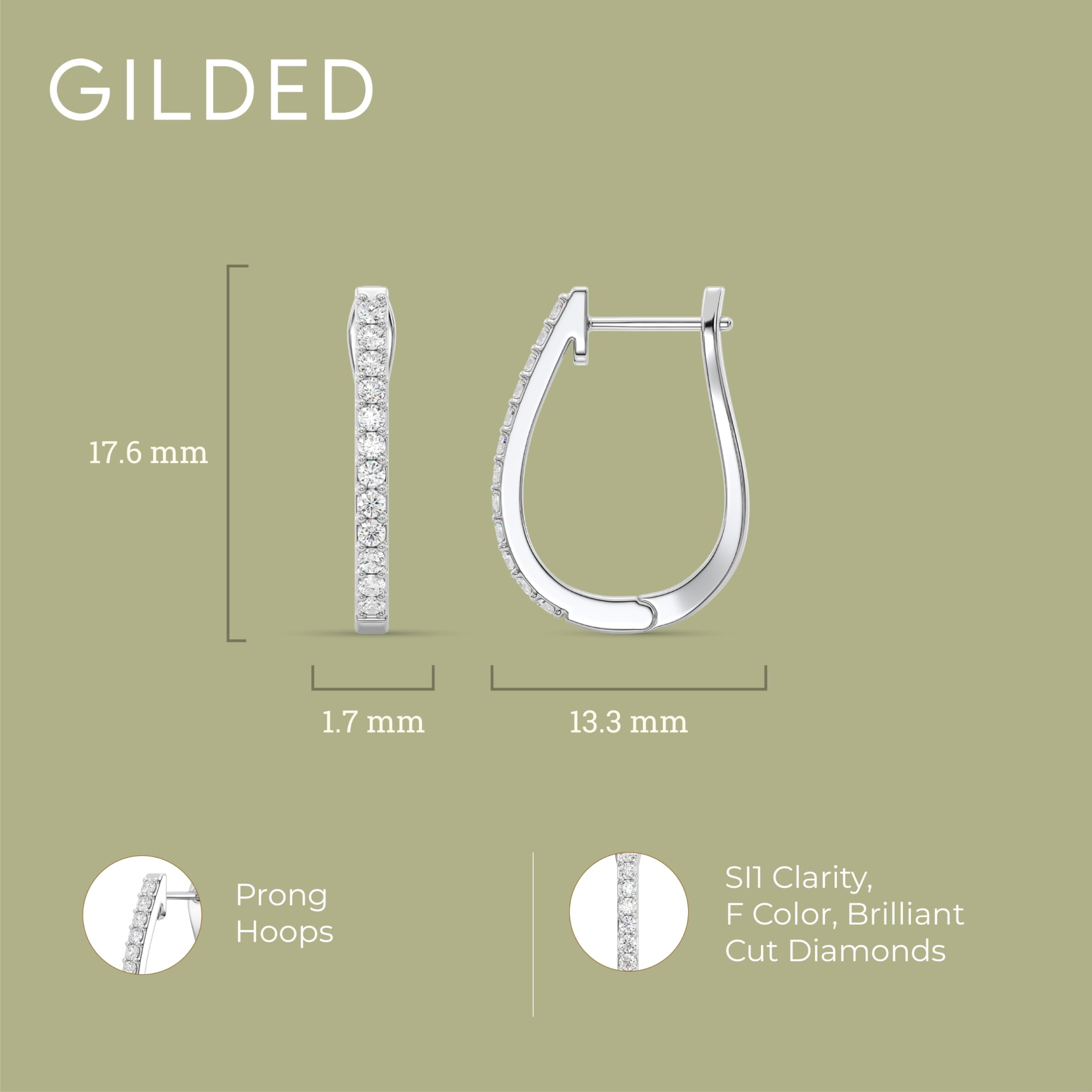 Gilded 1/4 Carat Total Weight Lab-Grown Diamond U-Shaped Hoop Earrings for Women in 925 Sterling Silver | Hypoallergenic Fine Jewelry | Latch Back Closure | SI1 Clarity, F Color