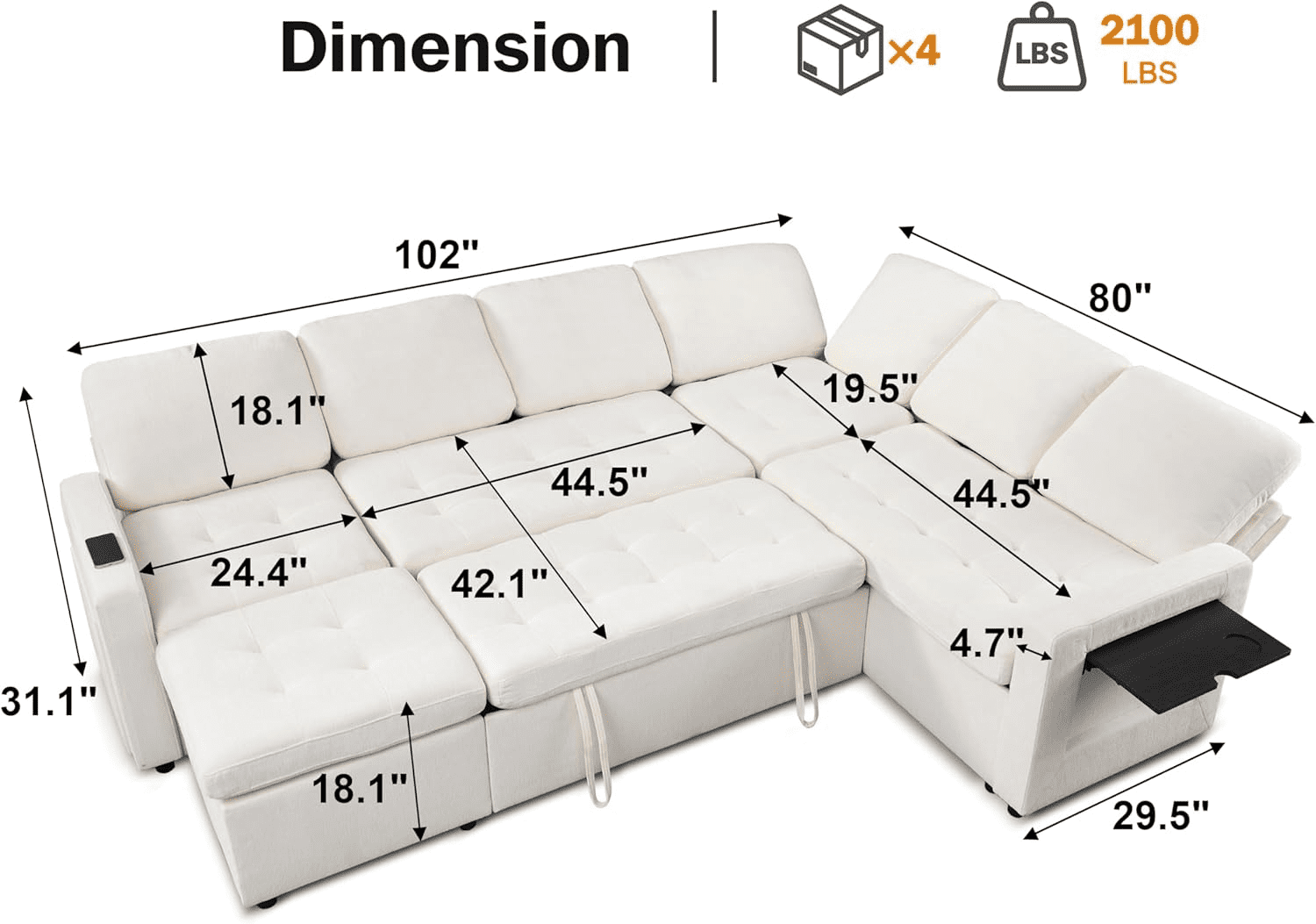 7-Seat Modular Sectional Sofa with Pull-Out Bed, Reclining Backrest, USB Ports, Table, LED Lights & Storage Seats – Tool-Free Assembly, Comfortable Living Room Furniture