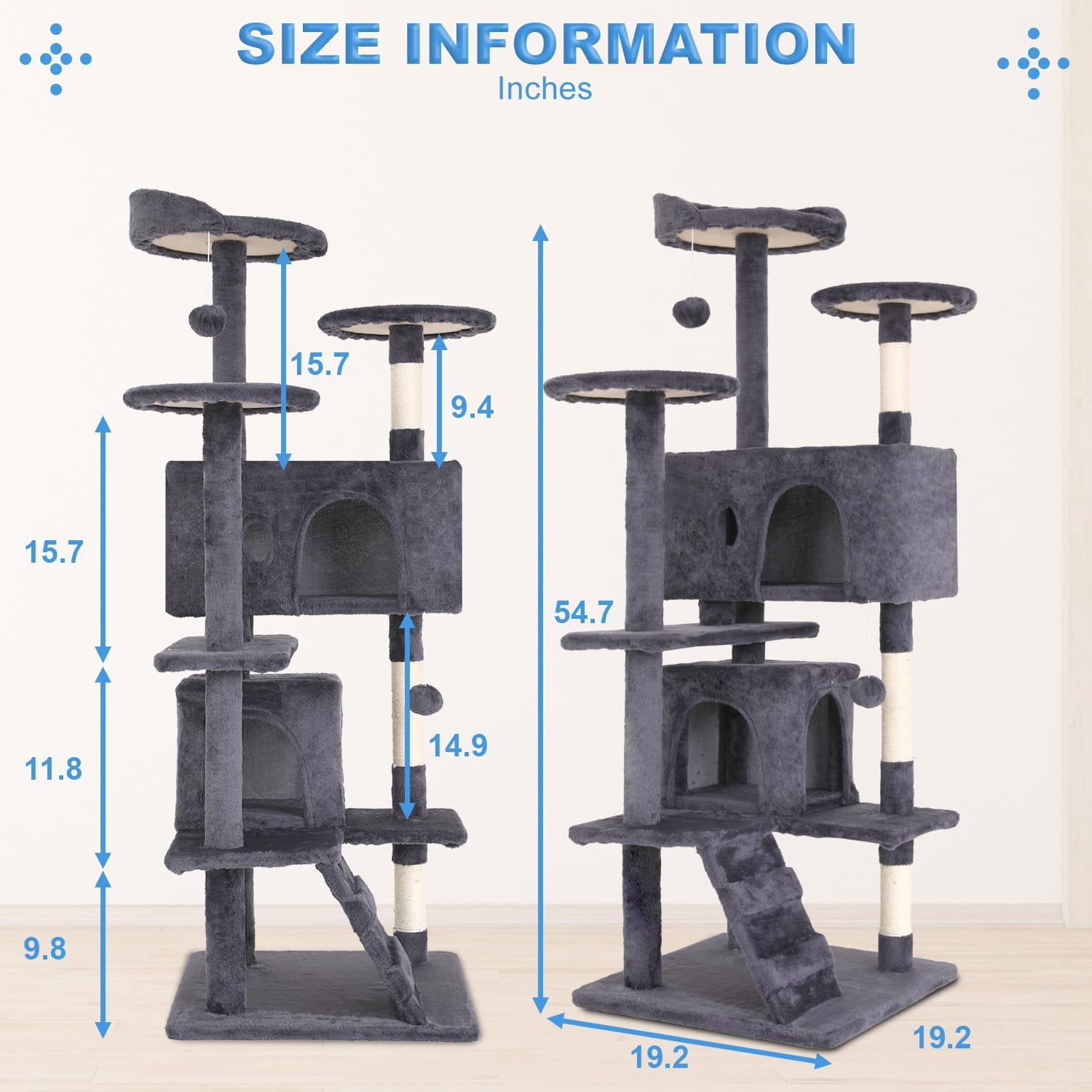 FDW 54in Cat Tree Tower, Scratch Posts, Condo, Toys,Perfect for Active Cats,Ashy