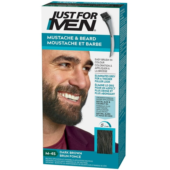 Pack of 2 Just For Men Mustache & Beard, Beard Dye for Men with Brush Included for Easy Application, Dark Brown, M-45 (1 Count), Packaging May Vary
