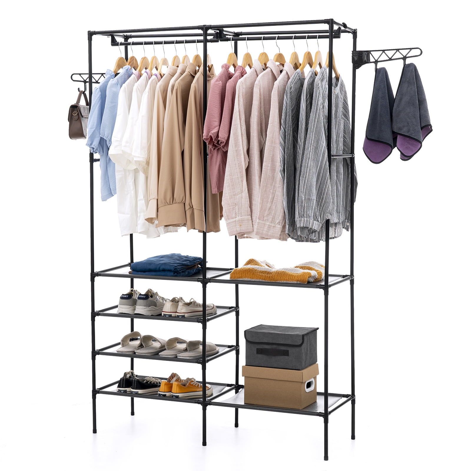 Metal Garment Rack,Hanging Clothes Rack Storage Shelves with 2 Side Hooks,Portable Freestanding Multifunctional Wardrobe Closet