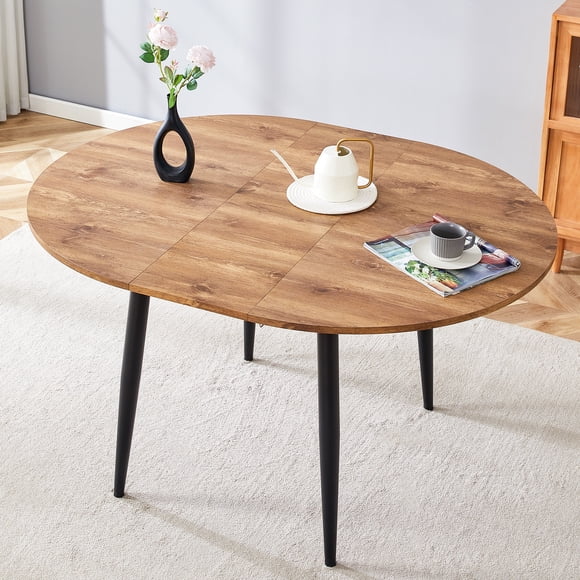 Noble House Extendable Round Dining Table , MDF Wood color table top and black metal legs