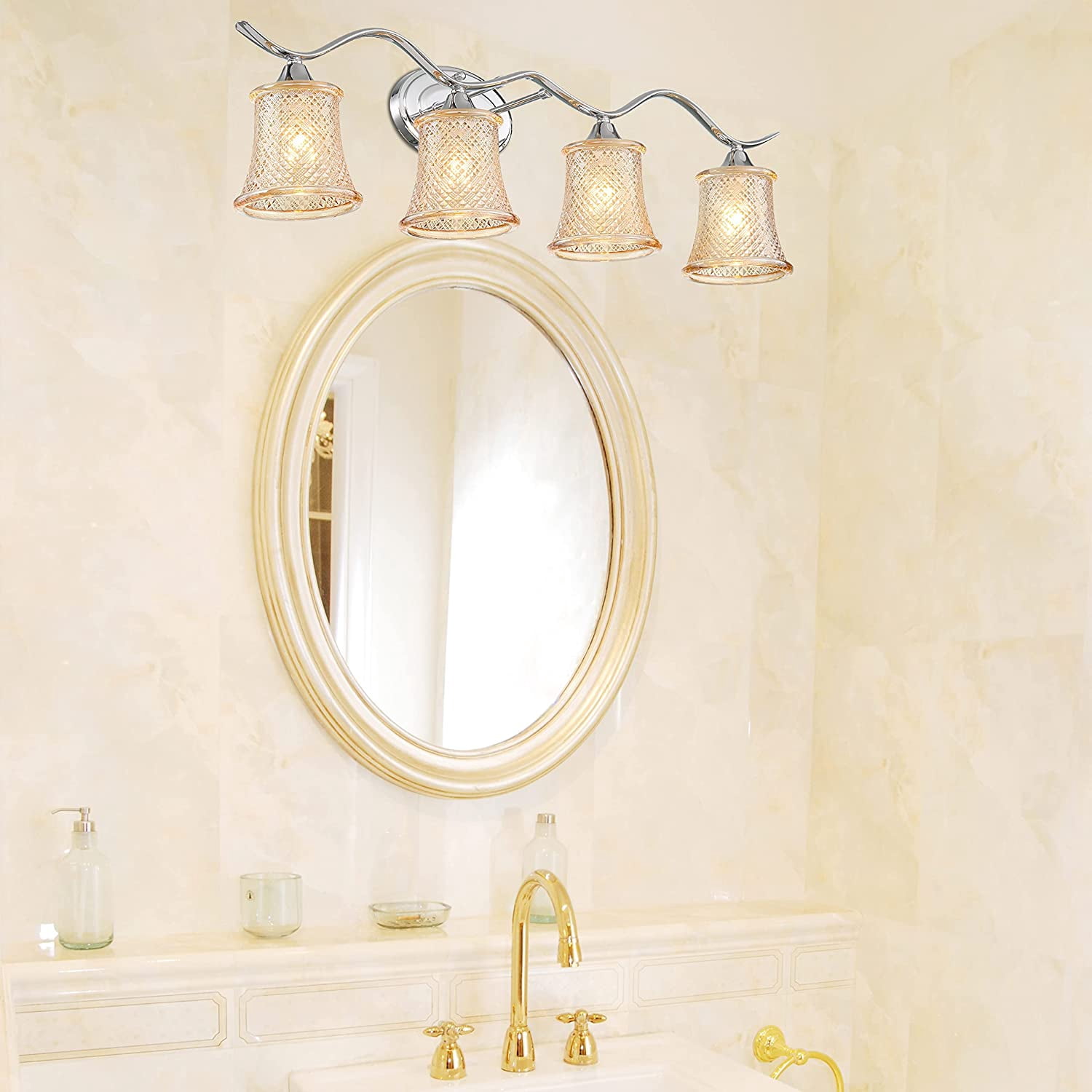 Vanity Art Elegant Cut Crystal Glass 4 Lights Dimmable Polished Chrome Vanity Light for Mirror Hallway Living Room | Modern Wall Lighting with Clear Glass Shade Bathroom Light Fixtures W2004CH-B02