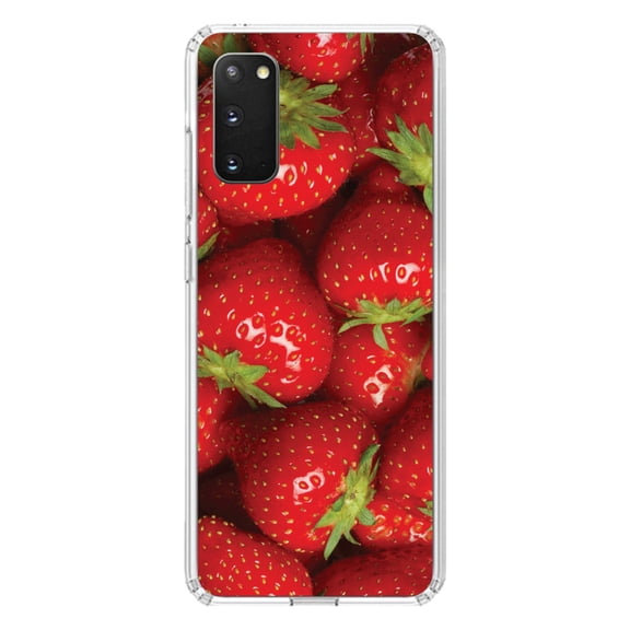 DistinctInk Clear Shockproof Hybrid Case for Galaxy S20 / S20 5G (6.2" Screen) - TPU Bumper, Acrylic Back, Tempered Glass Screen Protector - Bright Red Strawberries