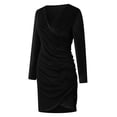 thumbnail image 4 of dresses for women Womens Solid Color Wrap V Neck Long Sleeve Velvet Bag Hip Ruched Cocktail Party Dress, 4 of 8