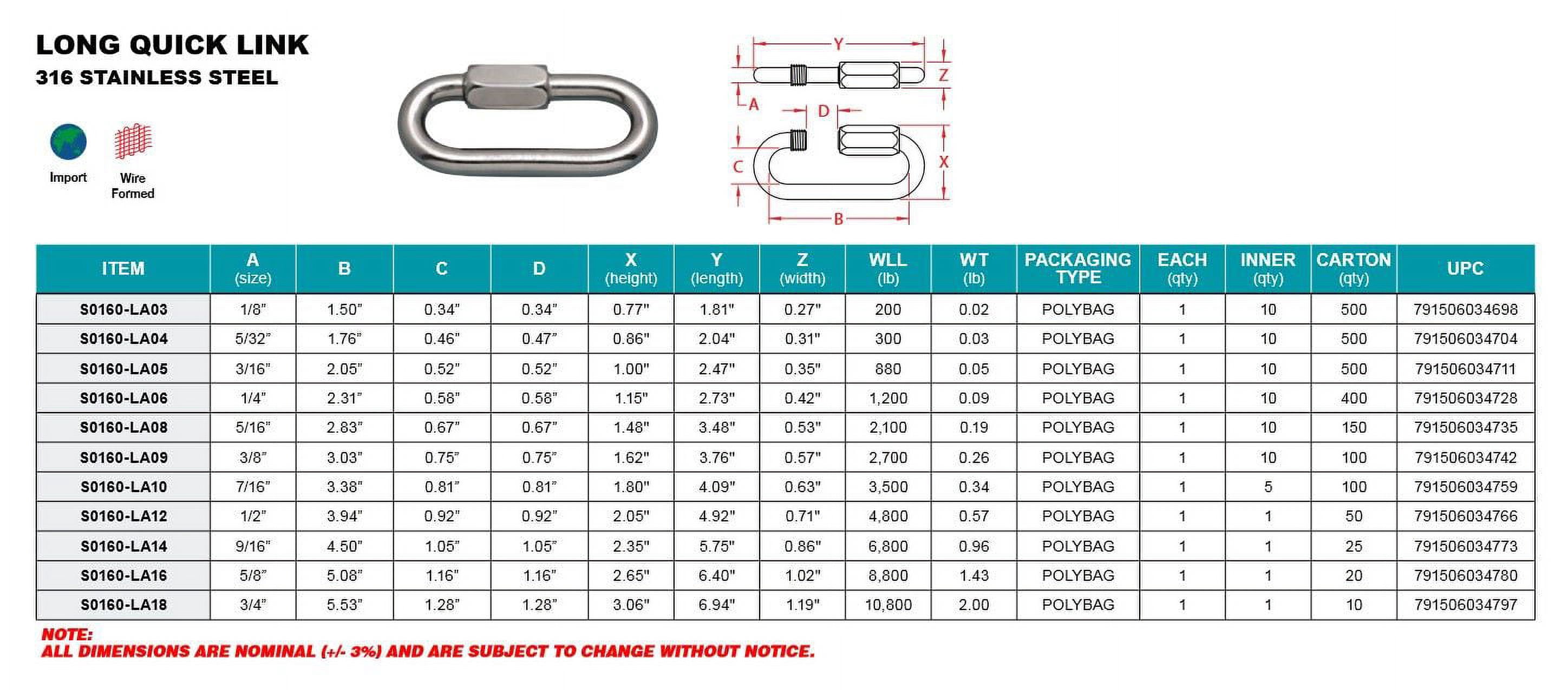 STAINLESS LONG QUICK LINK, 1/2", 316 SS