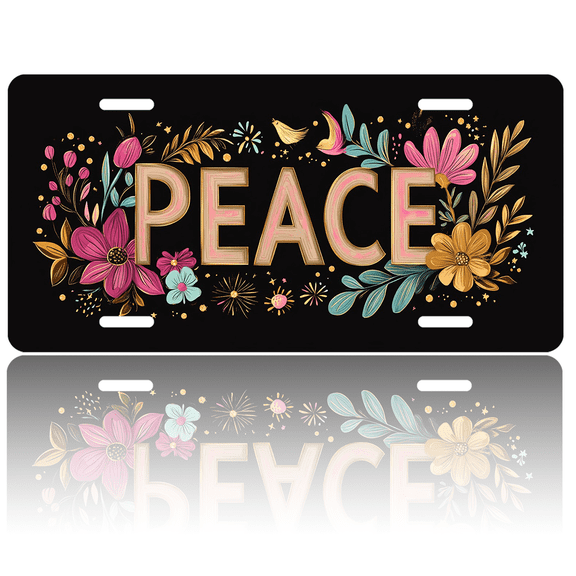 1 Pcs 2D Flat License Plate Covers & Frames, PEACE with Floral Decoration For Decorative Front, Waterproof For Decoration Aluminum License Plate Covers & Frames Cover For Men Women, 12" X 6"