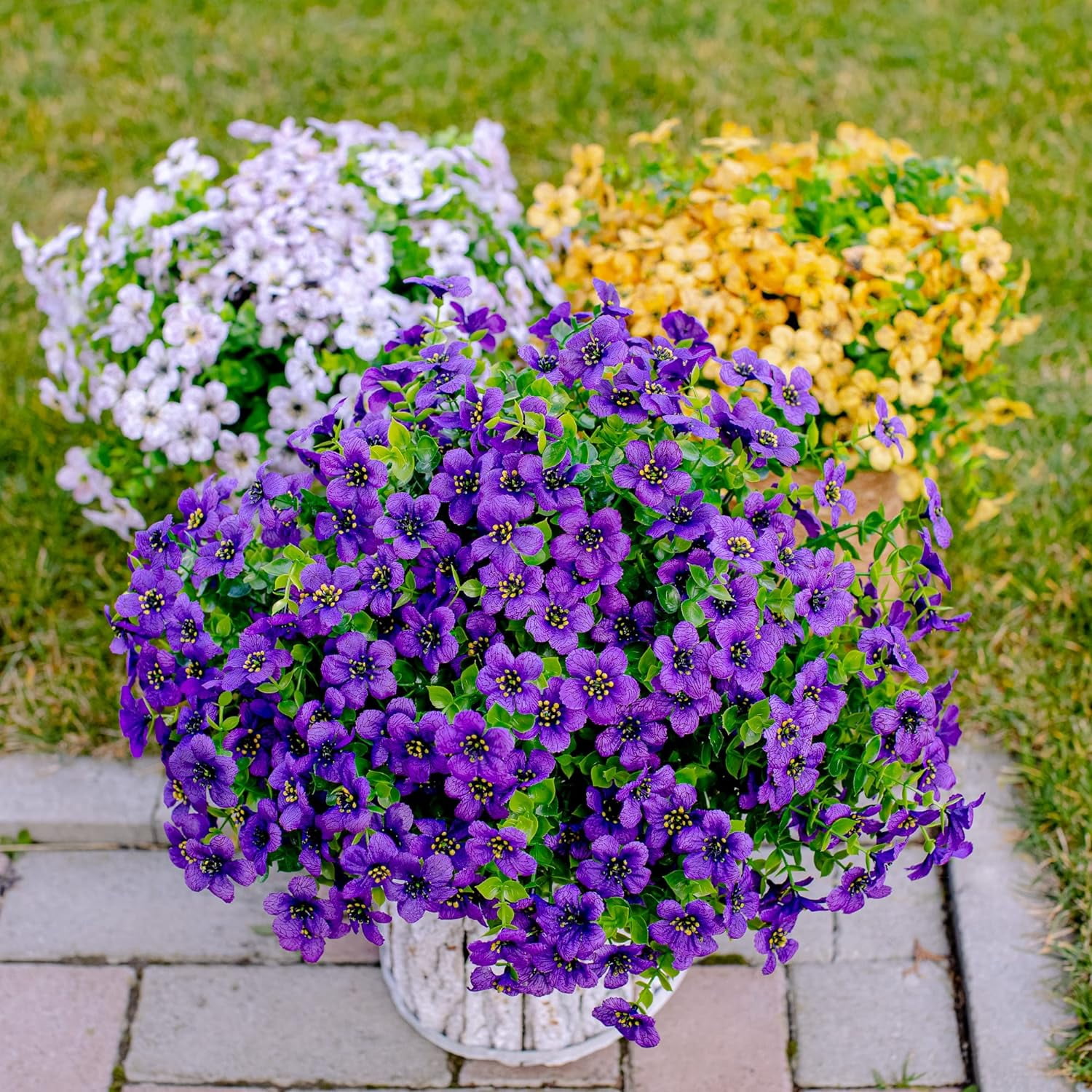 TETOU 16Pcs Artificial Plants Flowers, 13.8*7.5" Fake Silk Colorful Daisy Eucalyptus, UV Resistant Fake Flowers with Plastic Plants for Outside Home Porch Patio Window Yard Decor, Purple