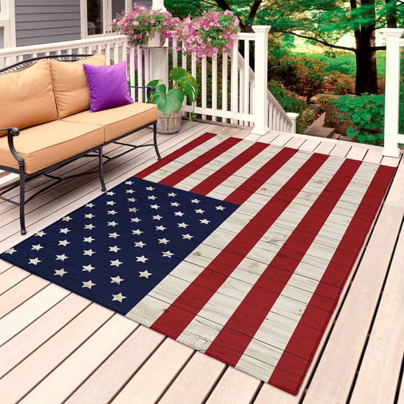 American Flag Outdoor Rug for Patio/Deck/Porch, Non-Slip Large Area Rug 5 x 8 Ft, Vintage Wooden Star Striped Red Blue Indoor Outdoor Rugs Washable Area Rugs, Reversible Camping Rug Carpet Runner