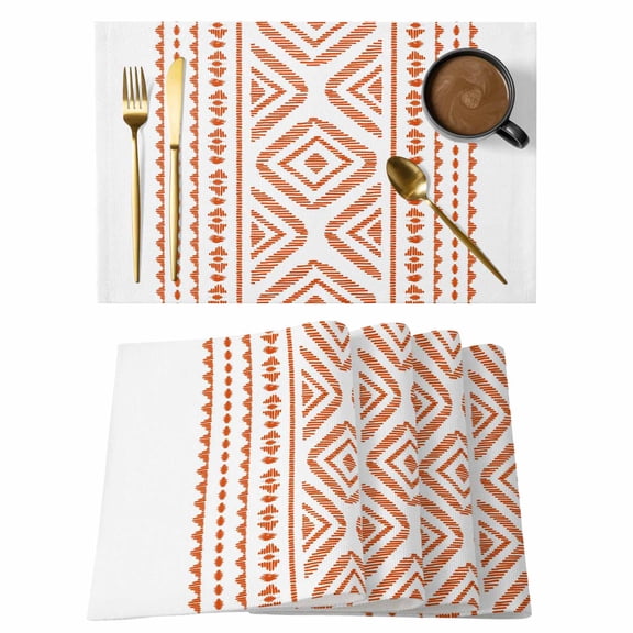 Orange Boho Placemats Set of 12, Vintage Southwestern Geometric Stripes Placemats for Dining Table, Place Mats for Kitchen Tabletop, Waterproof Wipeable Dining Table Mats Set