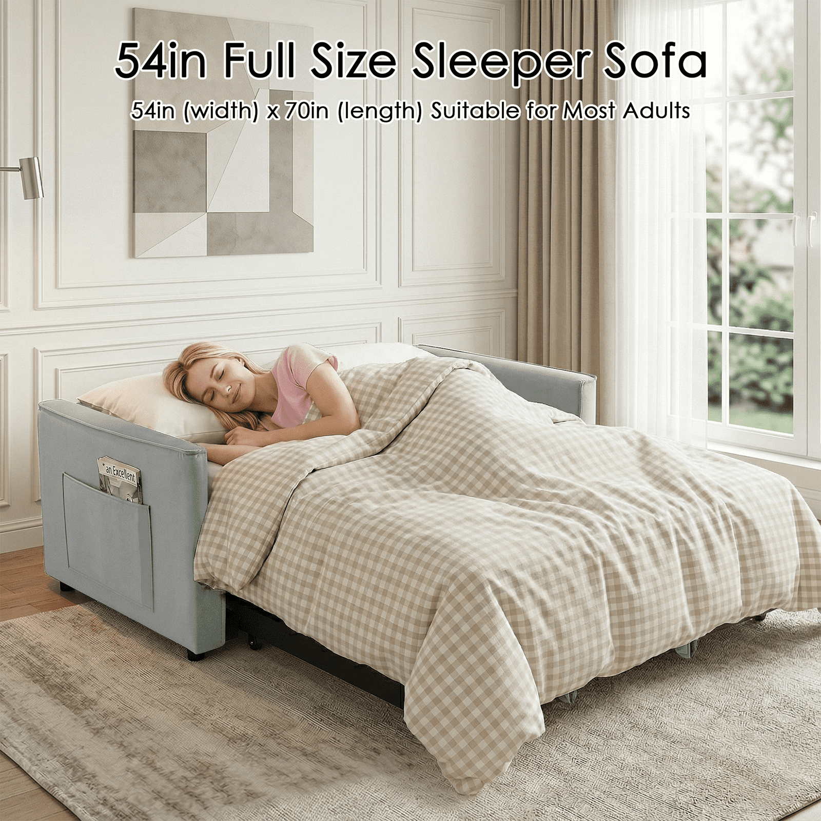 Amuille 3 in 1 Convertible Sleeper Sofa Bed, 54" Velvet Fabric Loveseat, Pull Out Couch for Living Room and Apartment (Light Gray)
