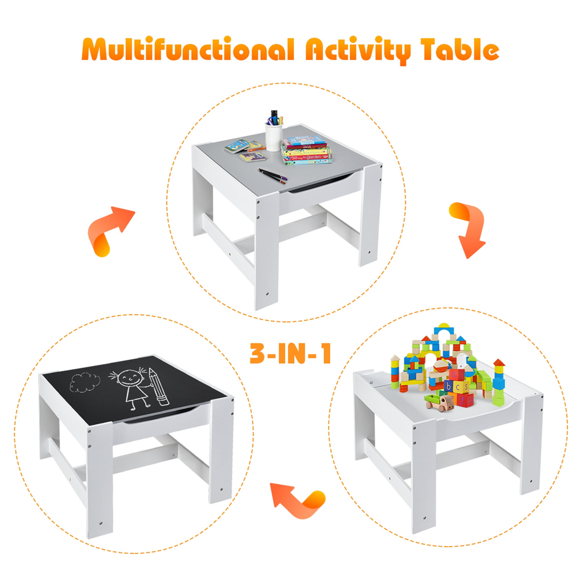 Costway Kids Table Chairs Set With Storage Boxes Blackboard Whiteboard Drawing Grey