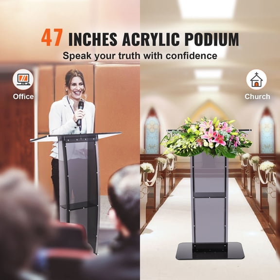 47 Acrylic Podium Stand with Wide Reading Surface Storage Shelf Floor-standing Clear Pulpits for Church Office School Black