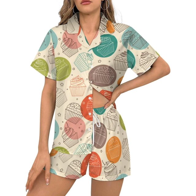 SKQIT Ensembles de Pyjama à Manches Courtes pour Femmes, 2 Pcs Imprimé Mignon Chemise Boutonnée en Satin Doux et Shorts