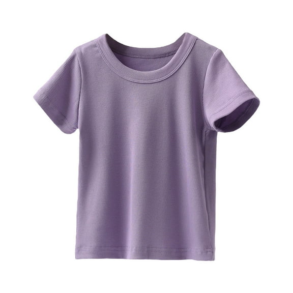 EnJoCho Children's Solid Tops Toddler Girl Solid Color Crew Neck Short Sleeve Stripe T Shirt Top for 1 to 9 Years Trendy School Home Casual Tops