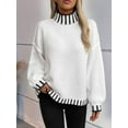 thumbnail image 3 of Women Mock Sweater Pullover Knitted Striped Cable Knit Fall Winter Long Sleeve Fashion Blouse Cream White XL, 3 of 8