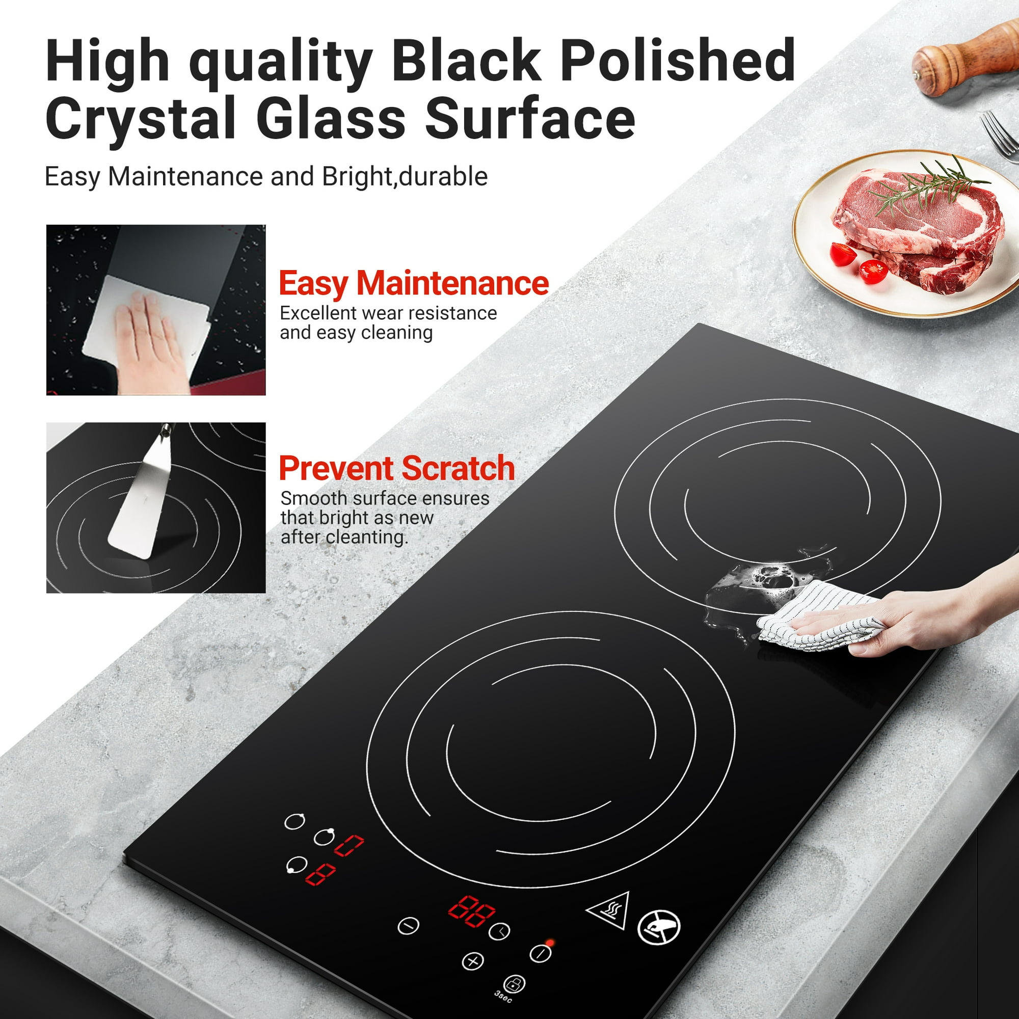 Sunmaki Electric Induction Cooktop 2 Burners, 12" Induction Stove for Fast Cooking, 1800W Electric Stove, Bulit-in&Countertop with Plug, 1800W 120V