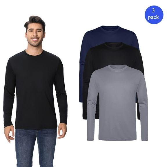 Zfeel Men's Dry Fit Long Sleeve T-Shirt, Lightweight Polyester Tee, Assorted Color, Pack 3, S