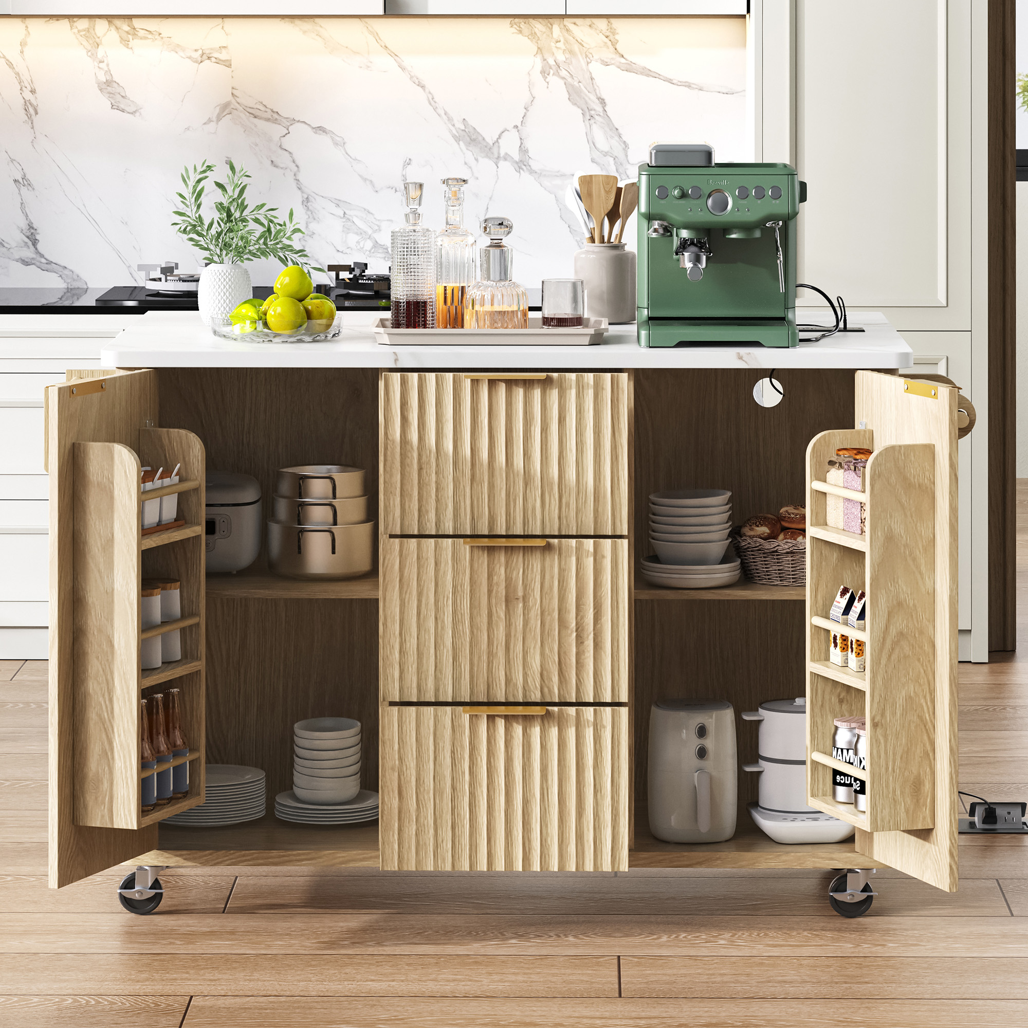 55.5" Fluted Kitchen Island with Drop Leaf, Power Outlet, Storage-6 Door Shelves, Adjustable Shelves, Faux Marble Top, Curved Edge for Dining Room