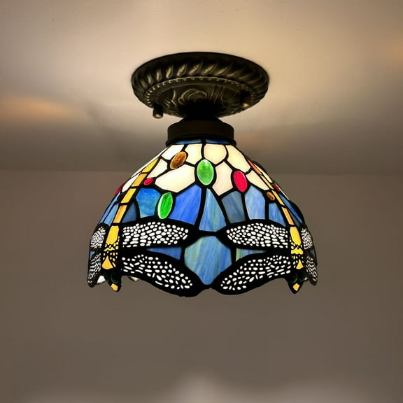 Tiffany Ceiling Lights Fixture Blue Stained Glass Dragonfly LED Bulb Included for Living Room Bedroom Kitchen 8”W*8”D*8”H