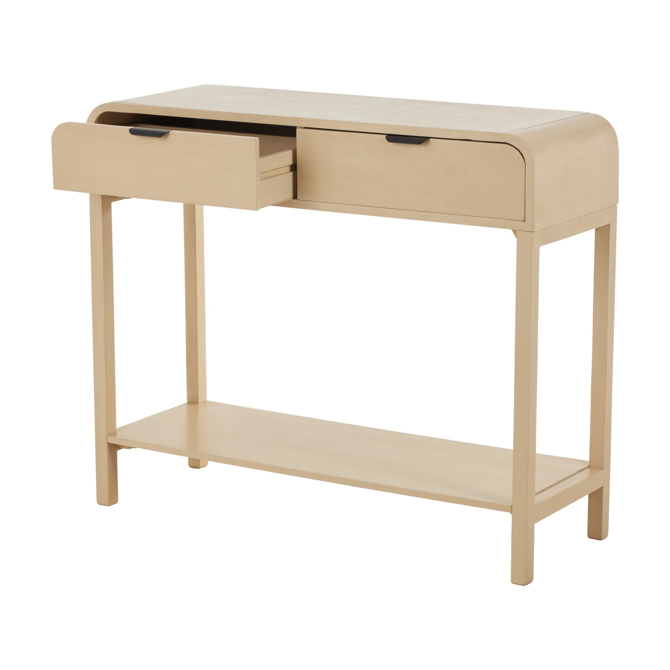 DecMode 36" x 30" Beige Wood Handmade 2 Drawer Console Table with Black Handles, 1-Piece