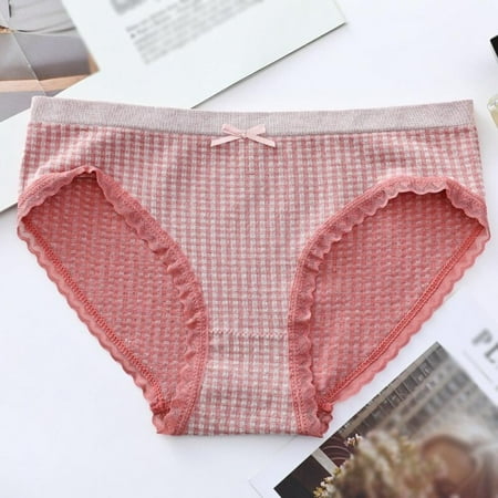 

Big Sale!!Japanese Girl Plaid Simple Bow Mid-waist Seamless Breathable Lace Trim Panties