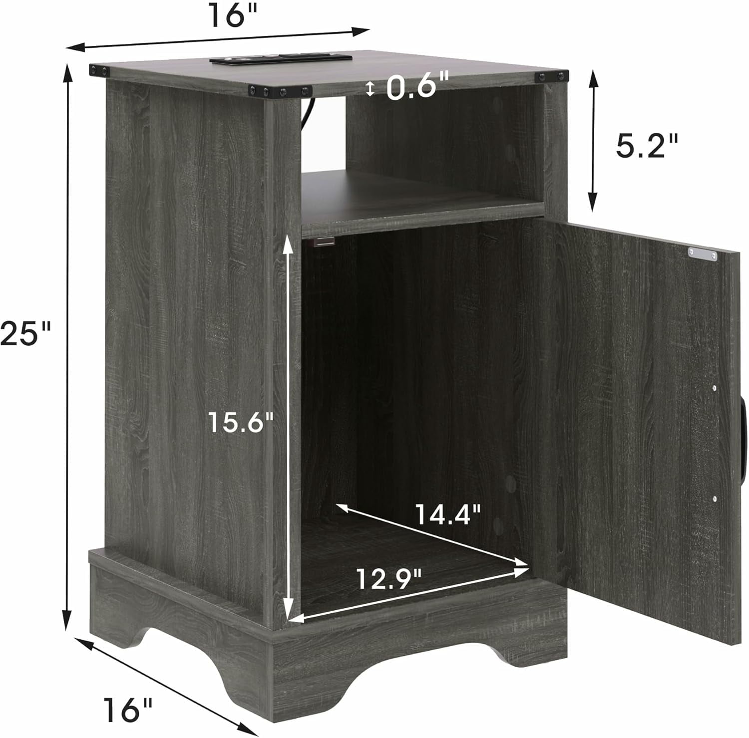 25" Tall Nightstand, Farmhouse Nightstand with Charging Station, Large End Table with Storage, Wooden Rustic Bedside Table for Bedroom