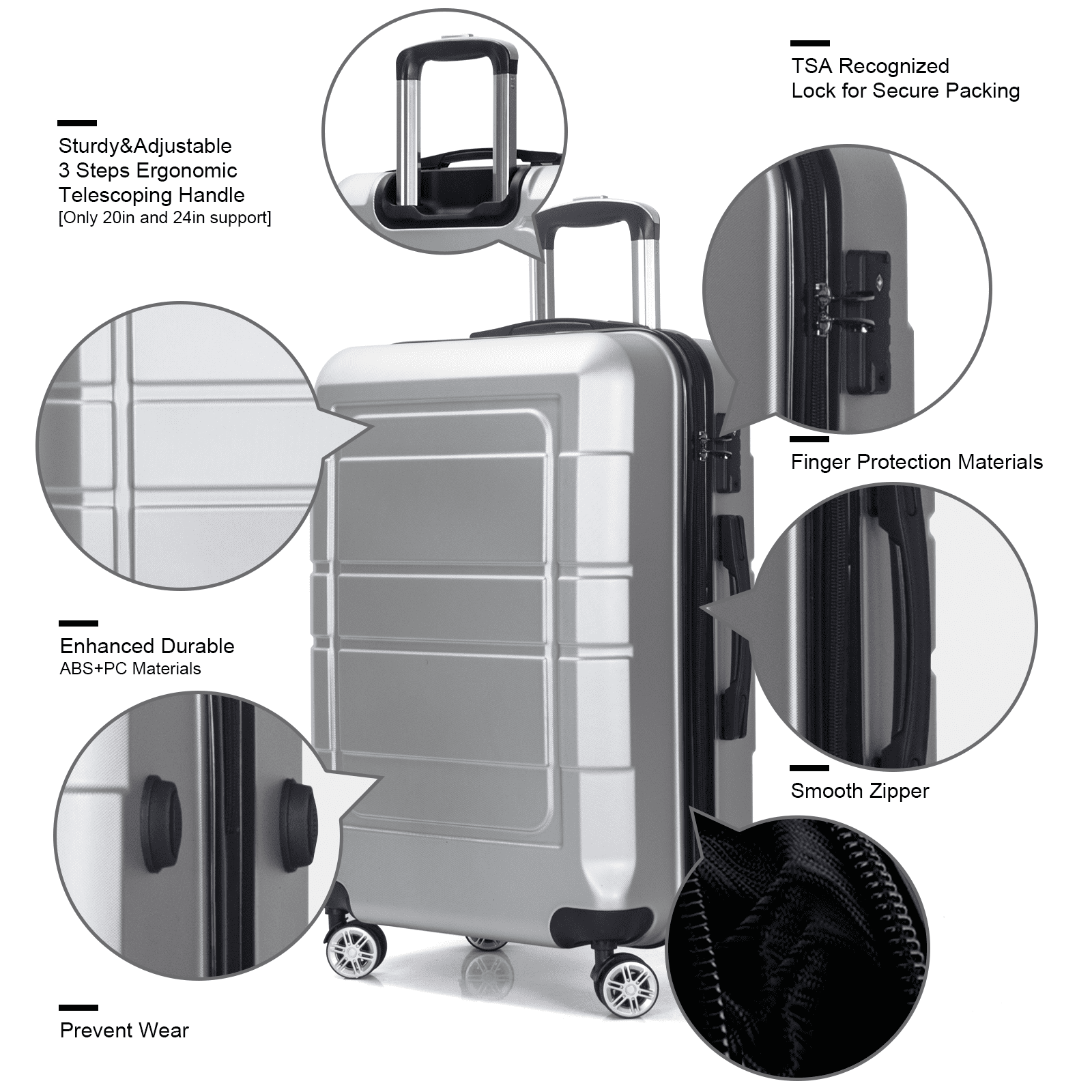 Sonnet by Poly Pac 20 24 28 Elegant Style Anti-theft Expandable Zipper  Enhanced ABS Hardcase Luggage w TSA Lock - XA 9277
